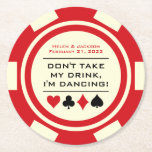 Red and White Poker Chip I'm Dancing Drink Round Paper Coaster<br><div class="desc">Don't let all that delicious alcohol go to waste by having your guest's unfinished drink glasses scooped up while they're dancing up a storm. Give each guest this custom red and white poker chip paper coaster to place over their glass when they hit the dance floor!</div>