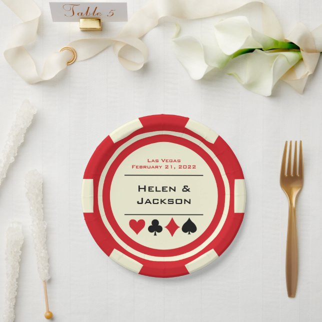 Red and White Poker Chip Las Vegas Wedding Paper Plates (Wedding)