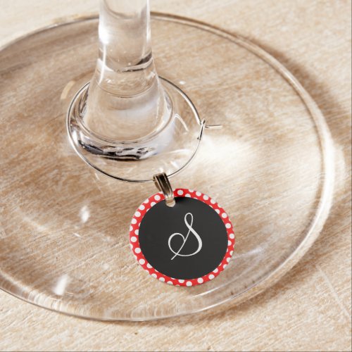 Red and White Polka Dot Black Circle Monogram Wine Glass Charm