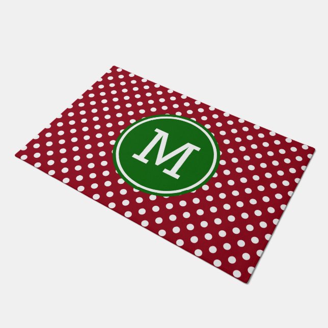 Red and White Polka Dot Green Monogram Doormat (Angled)