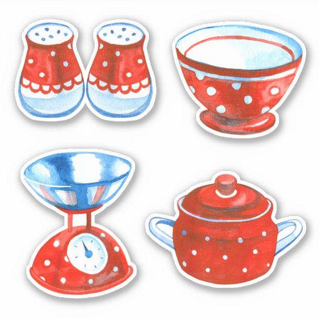 Red and White Polka Dot Kitchenware Sticker (Front)