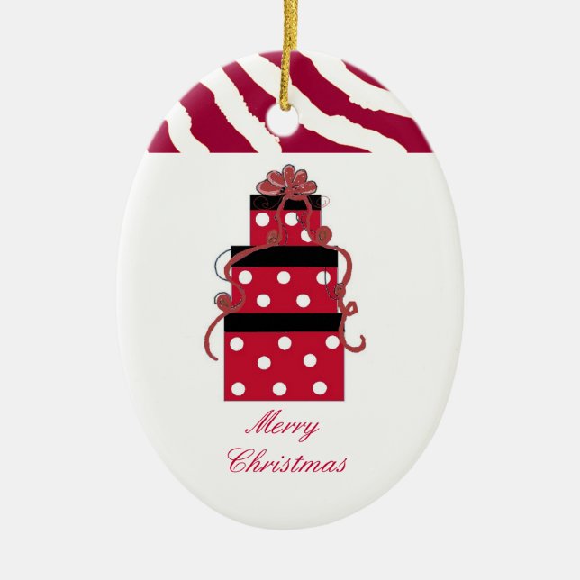 Red and White Polka Dot Packages Ceramic Ornament (Front)