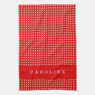 Red and White Polka Dot Pattern Personalized Name Kitchen Towel