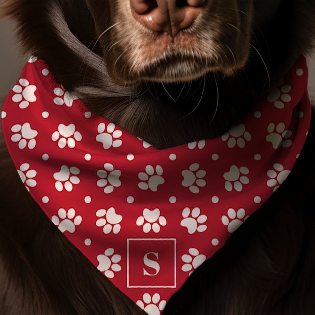 Red And White Polka Dot Paw Print Monogram Dog Bandana (Creator Uploaded)
