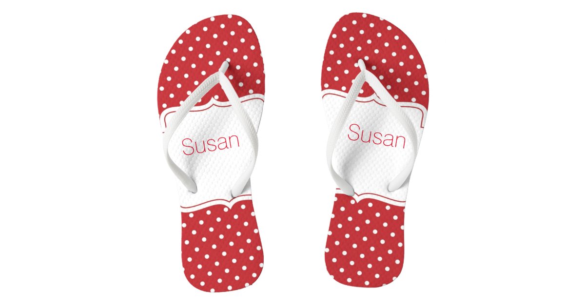 Red and White Polka Dot Personalized Flip Flops | Zazzle