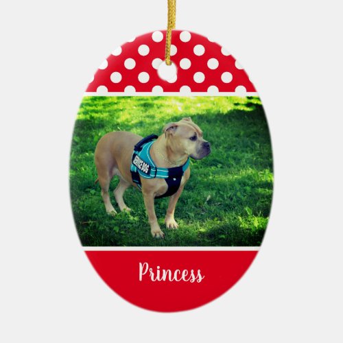 Red and White Polka Dot Personalized Photo Ceramic Ornament