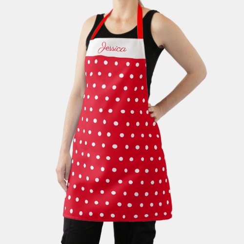 Red and White Polka Dot Red Personalized Name Apron