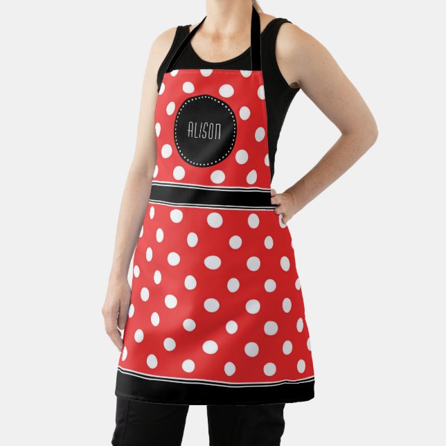 Red and white polka dot with black monogram apron (Insitu)