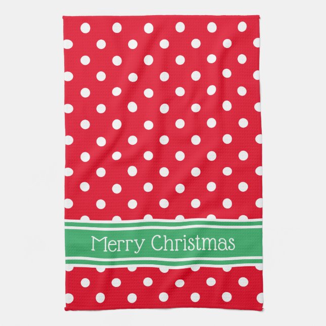 Red and White Polka Dot With Green Personalized Kitchen Towel (Vertical)