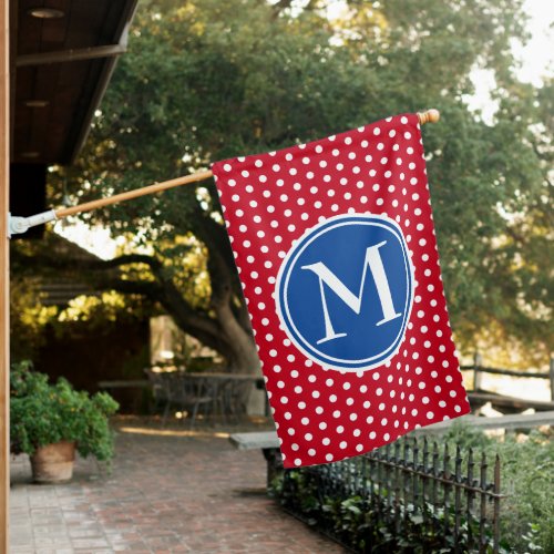 Red and White Polka Dot With Navy Blue Monogram House Flag