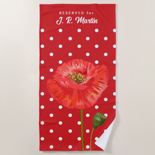 Red and White Polka Dots and Poppy with Name Beach Towel
