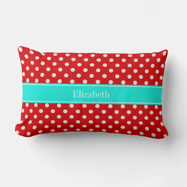 Red and White Polka Dots Brt Aqua Name Monogram Lumbar Pillow (Front)
