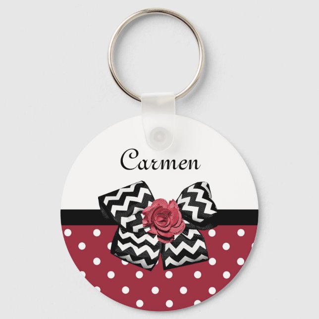 Red and White Polka Dots Cute Rose Chevron Bow Keychain (Front)