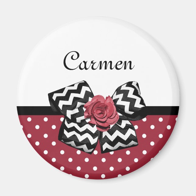 Red and White Polka Dots Cute Rose Chevron Bow Magnet (Front)