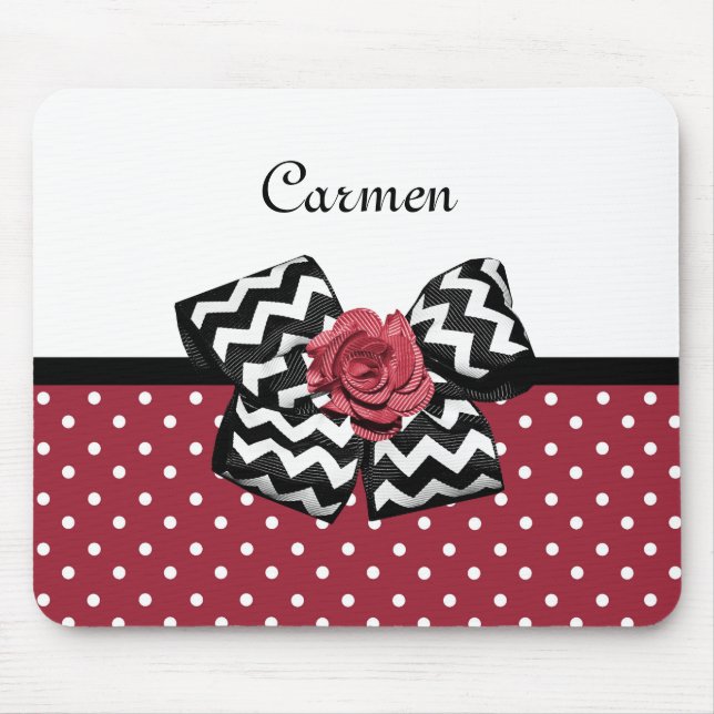 Red and White Polka Dots Cute Rose Chevron Bow Mouse Pad (Front)