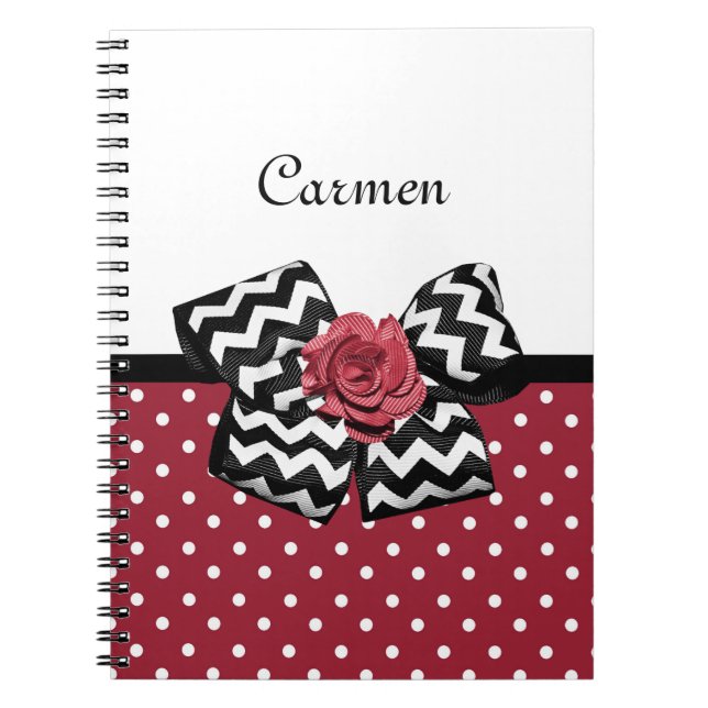 Red and White Polka Dots Cute Rose Chevron Bow Notebook (Front)