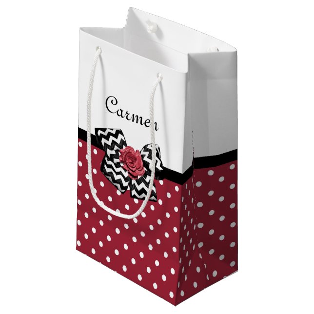 Red and White Polka Dots Cute Rose Chevron Bow Small Gift Bag (Front Angled)