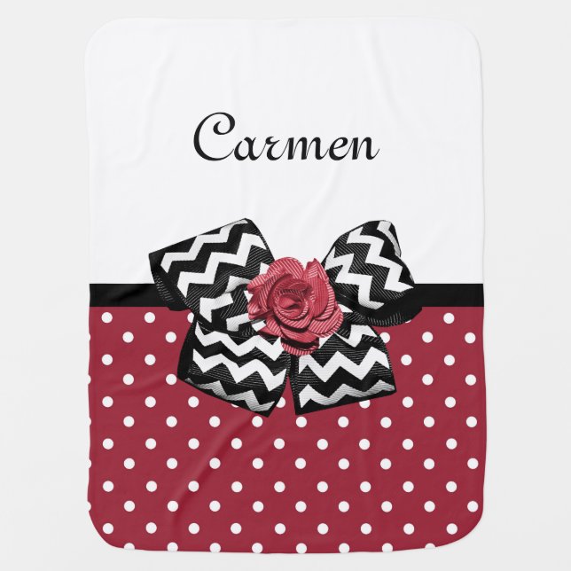 Red and White Polka Dots Cute Rose Chevron Bow Swaddle Blanket (Front)