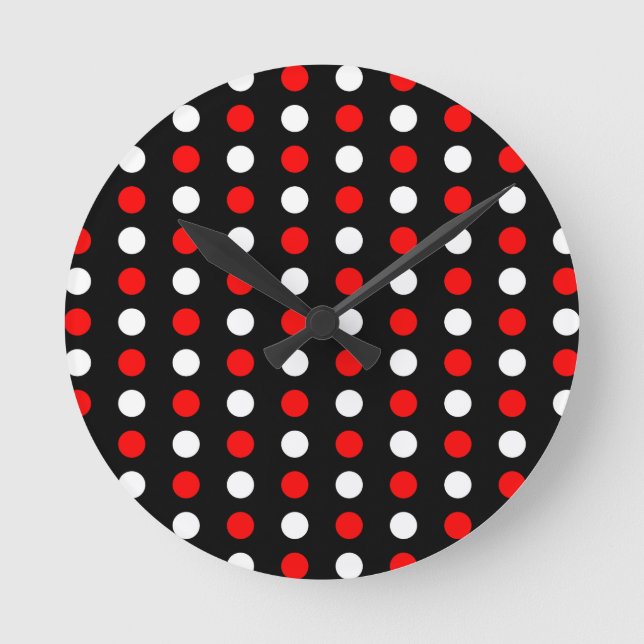 Red and white polka dots pattern round clock (Front)