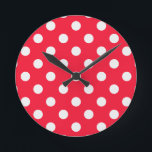 Red and White Polka Dots Round Clock<br><div class="desc">This graphic features a pattern of red and white polka dots. White dots are featured against a red background.</div>