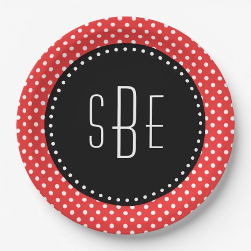 Red and white polka dots with black monogram paper plates
