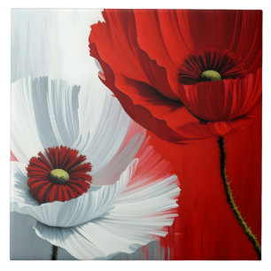 Red and White Poppies Ceramic Tile