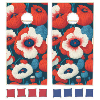 Red and white poppies cornhole set