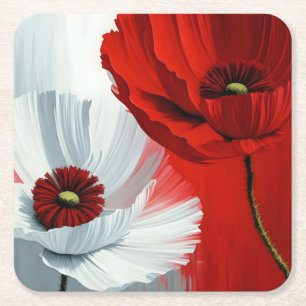 Red and White Poppies Square Paper Coaster