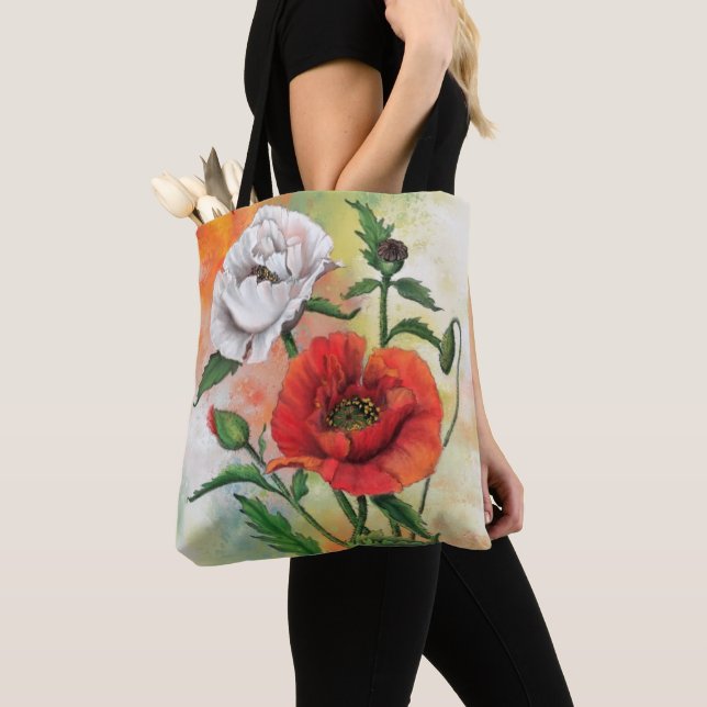 Red and White Poppies Tote Bag Flowers (Close Up)