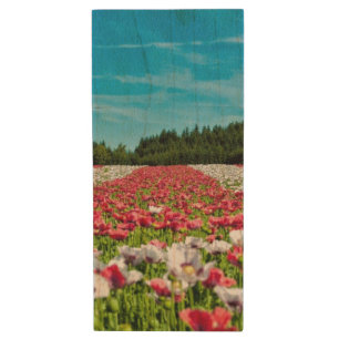 Red and White Poppy Field Wood Flash Drive