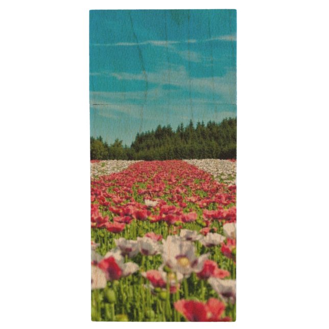 Red and White Poppy Field Wood Flash Drive (Front Vertical)