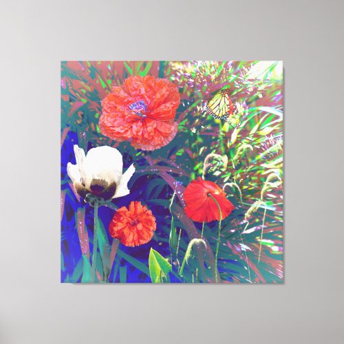 Red and White Poppy Garden with Monarch Butterfly Canvas Print