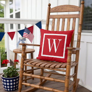 Red and White Preppy Square Monogram Throw Pillow