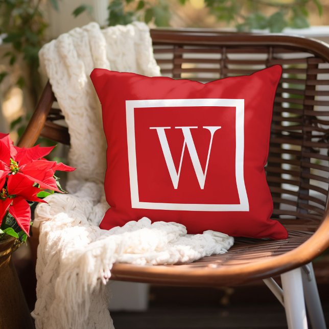 Red and White Preppy Square Monogram Throw Pillow (Creator Uploaded)
