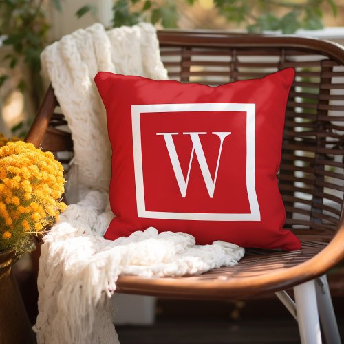 Red and White Preppy Square Monogram Throw Pillow