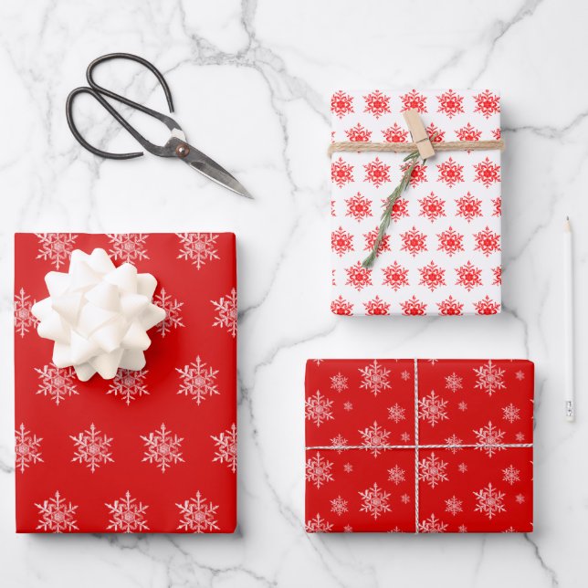 Red and White Real Snowflake Wrapping Paper Sheets (Front)