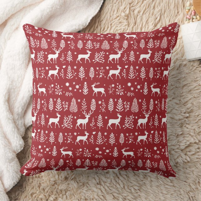 Red and White Reindeer Christmas pattern  Throw Pillow (Blanket)