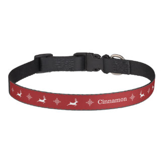 Red And White Reindeers With Snowflakes And Name Pet Collar