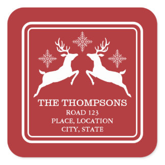 Red And White Reindeers With Snowflakes And Text Square Sticker