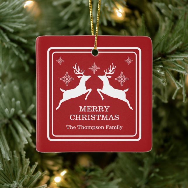 Red And White Reindeers With Snowflakes Christmas Ceramic Ornament (Tree)