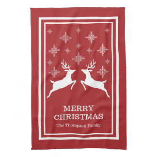 Red And White Reindeers With Snowflakes Christmas Kitchen Towel