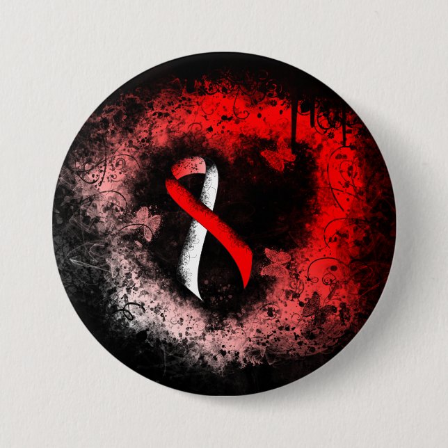 Red and White Ribbon Grunge Heart Pinback Button (Front)