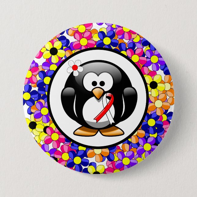 Red and White Ribbon Penguin Pinback Button (Front)