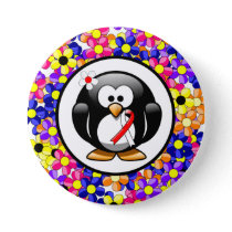 Red and White Ribbon Penguin Pinback Button
