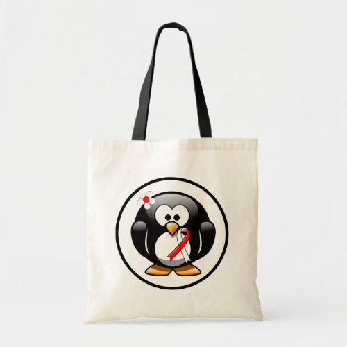 Red and White Ribbon Penguin Tote Bag