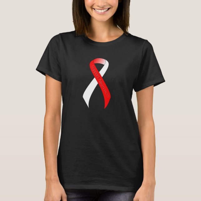 Red and White Ribbon Support Awareness T-Shirt (Front)