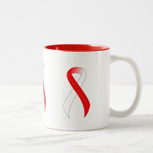 Red and White Ribbon Support Awareness Two_Tone Coffee Mug