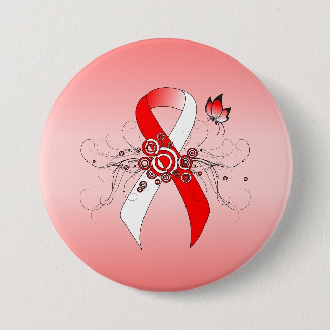 Red and White Ribbon with Butterfly Pinback Button (Front)