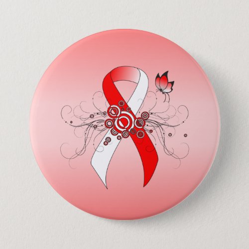 Red and White Ribbon with Butterfly Pinback Button