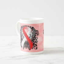 Red and White Ribbon with Wings Bone China Mug